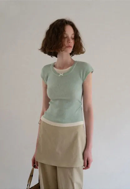 Contrast Trim Crew Neck Short Sleeve Knit Sweater