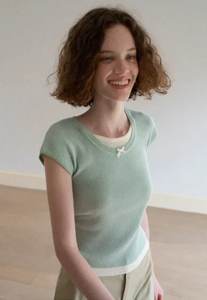 Contrast Trim Crew Neck Short Sleeve Knit Sweater