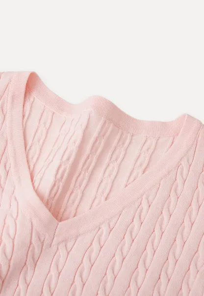 V Neck Cable Knit Short Sleeve Sweater