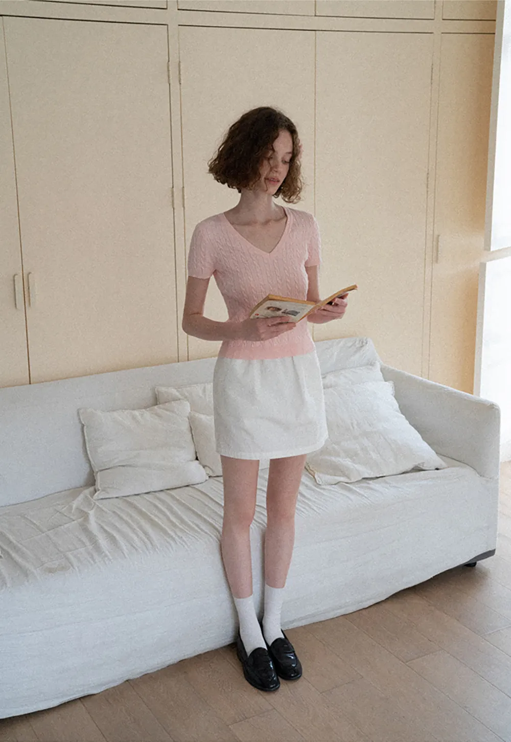 V Neck Cable Knit Short Sleeve Sweater