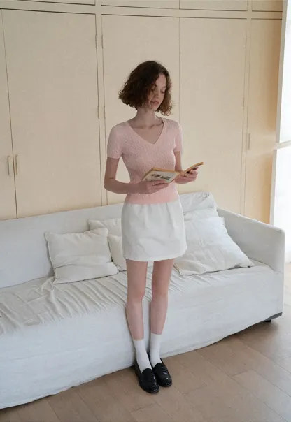 V Neck Cable Knit Short Sleeve Sweater