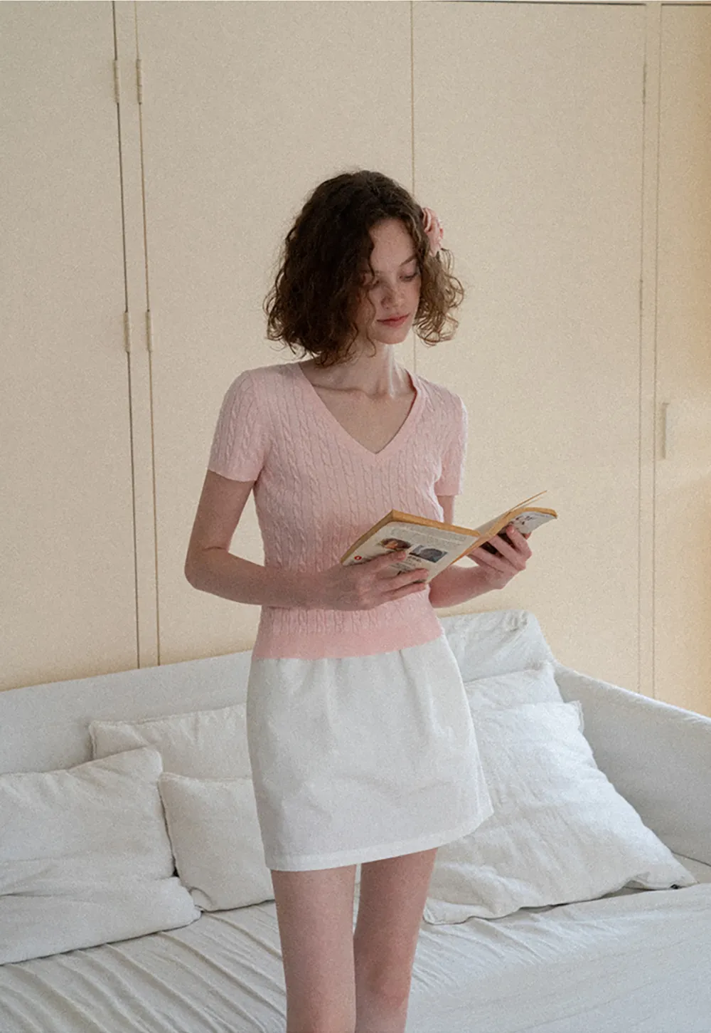 V Neck Cable Knit Short Sleeve Sweater