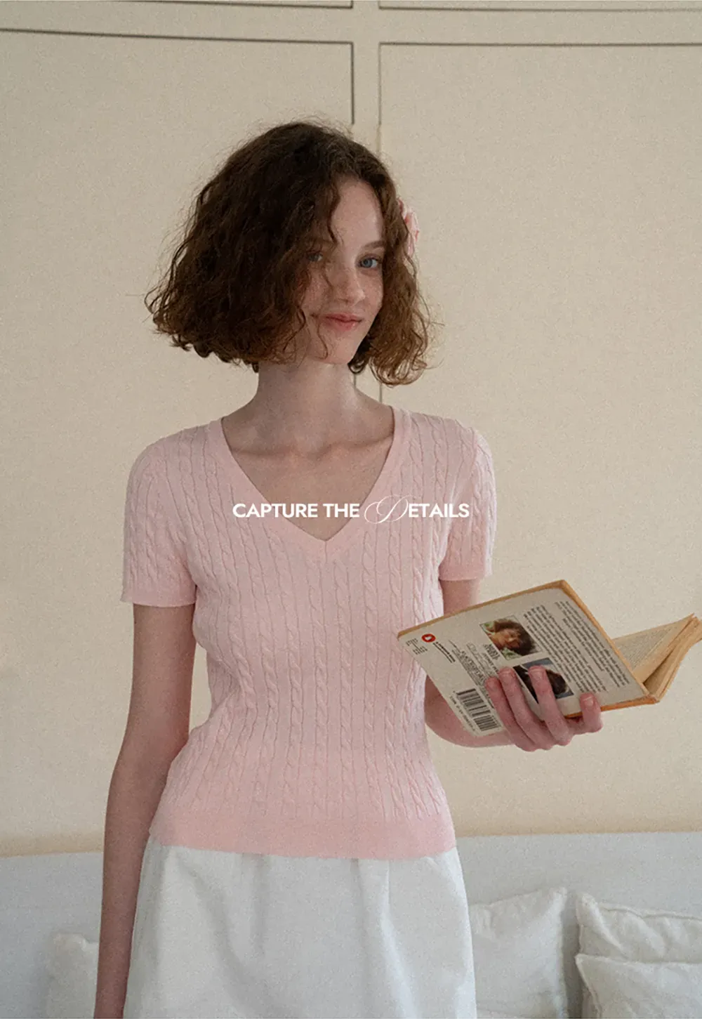 V Neck Cable Knit Short Sleeve Sweater