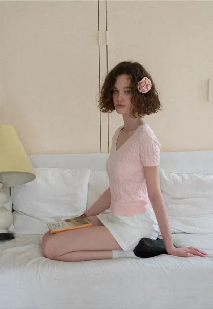 V Neck Cable Knit Short Sleeve Sweater