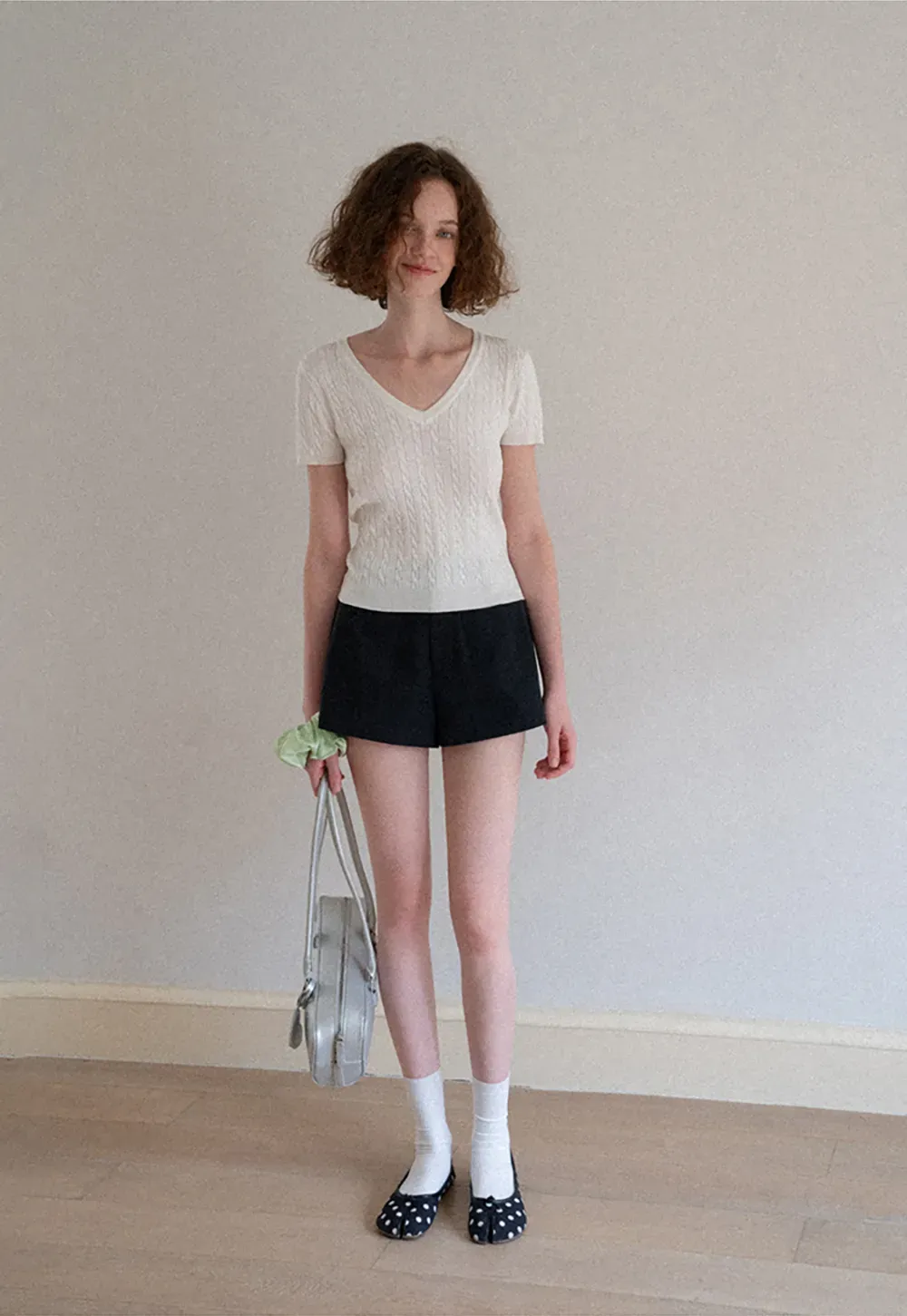 V Neck Cable Knit Short Sleeve Sweater