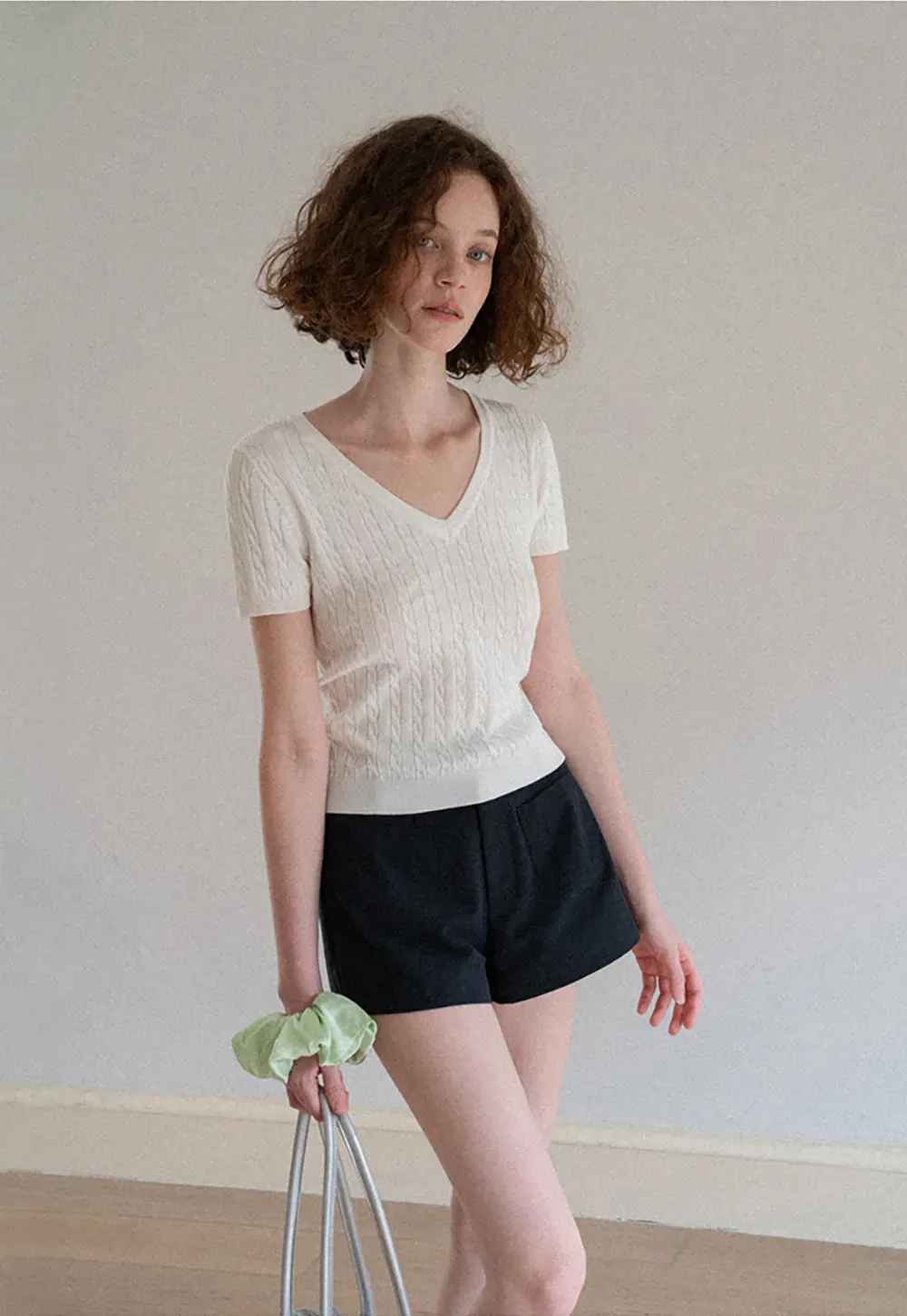 V Neck Cable Knit Short Sleeve Sweater