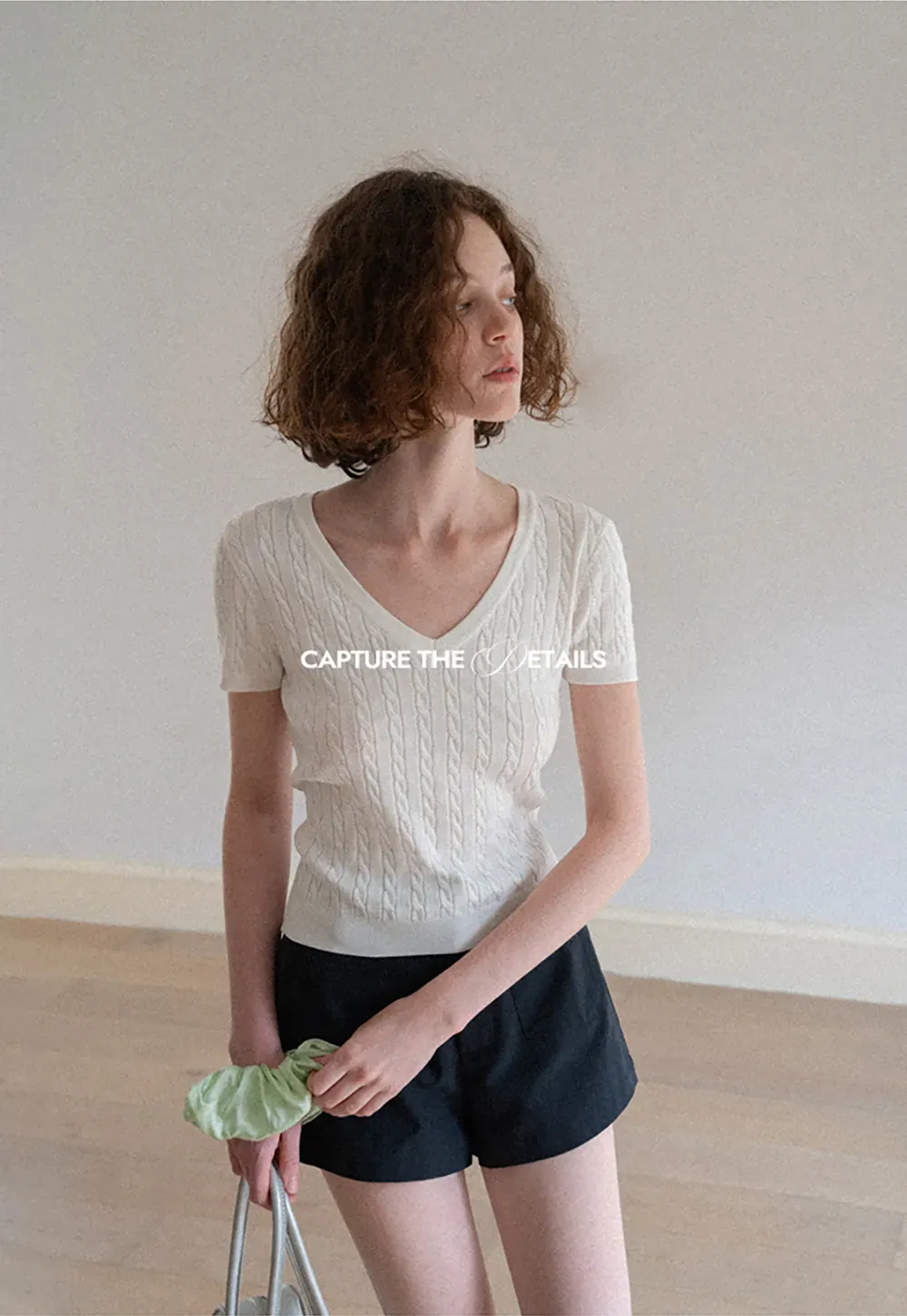 V Neck Cable Knit Short Sleeve Sweater