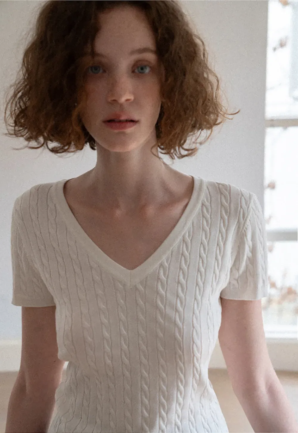 V Neck Cable Knit Short Sleeve Sweater