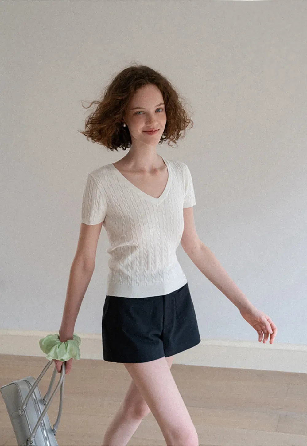 V Neck Cable Knit Short Sleeve Sweater