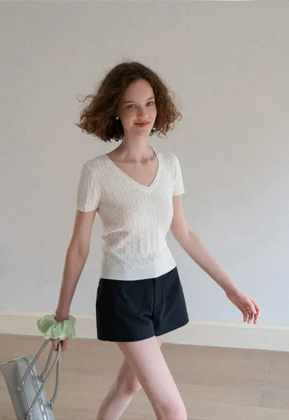 V Neck Cable Knit Short Sleeve Sweater