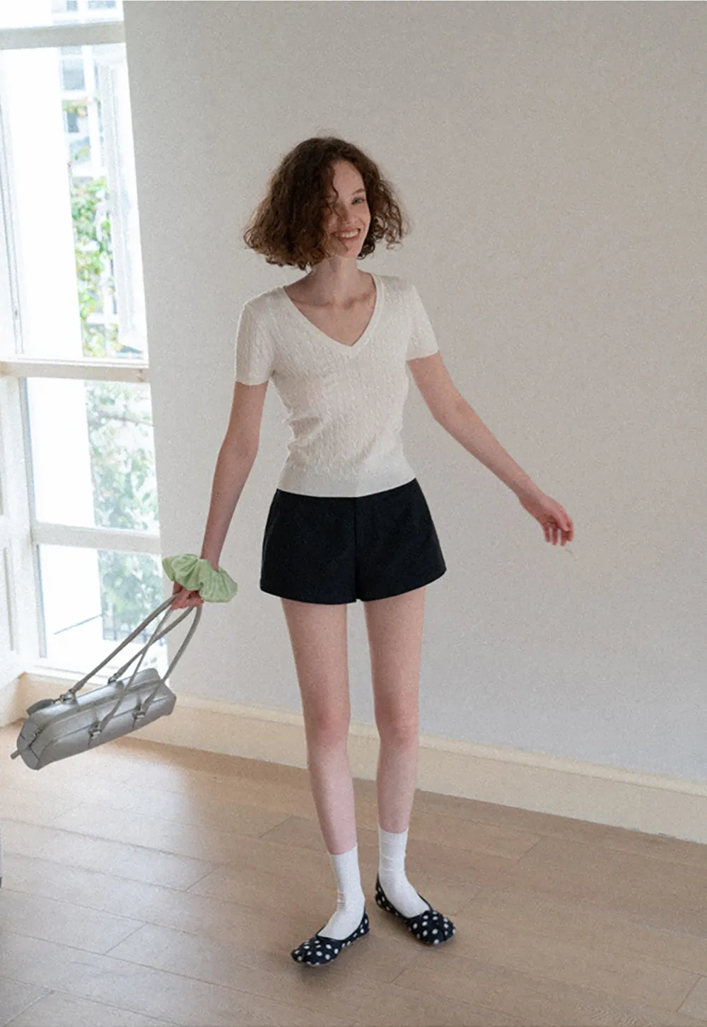 V Neck Cable Knit Short Sleeve Sweater