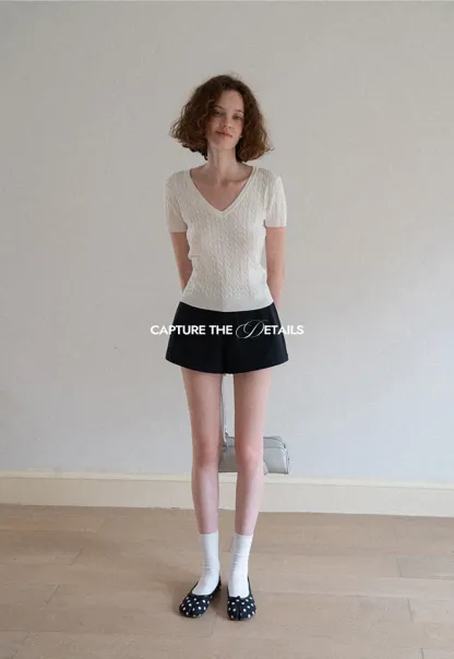 V Neck Cable Knit Short Sleeve Sweater