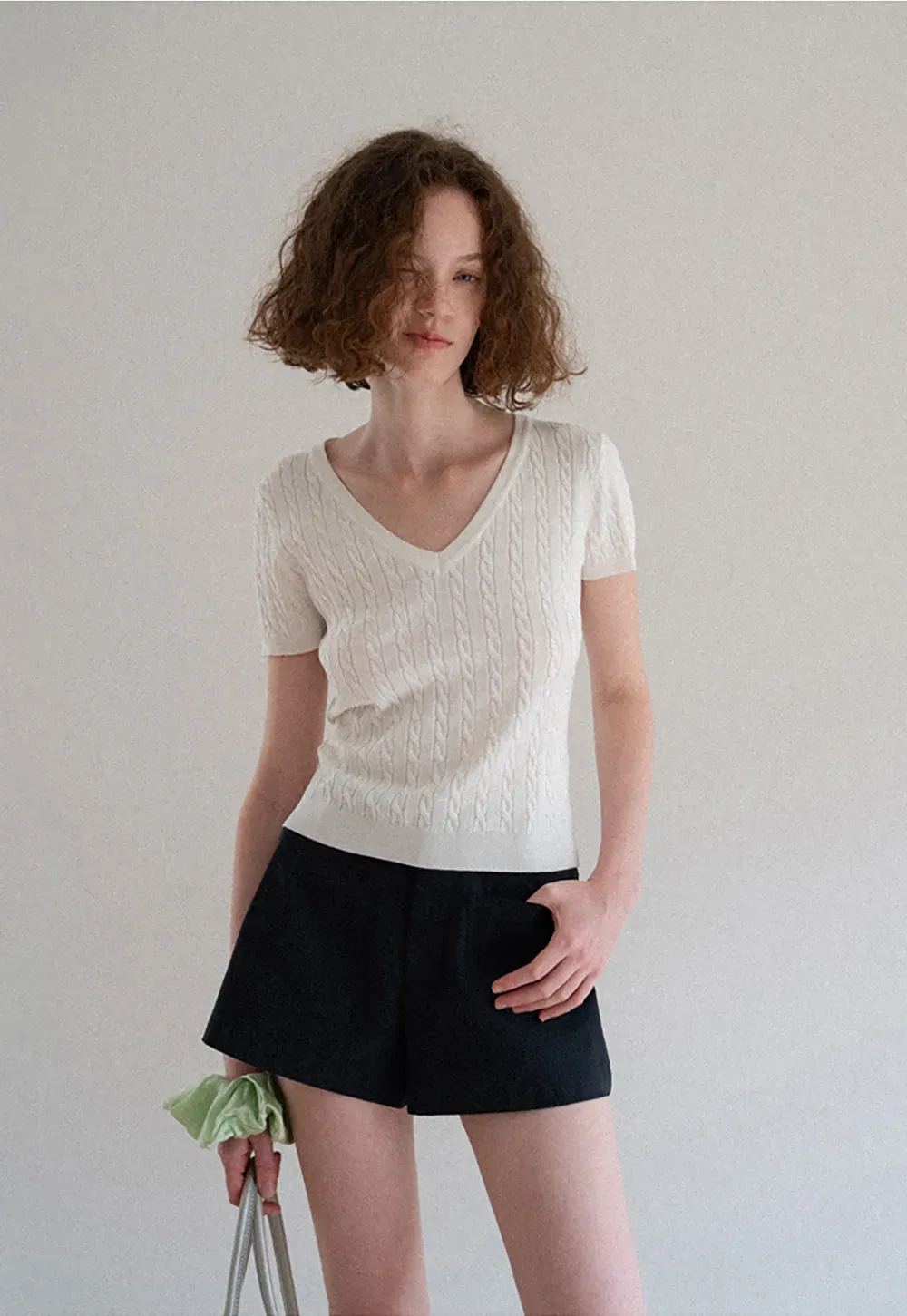 V Neck Cable Knit Short Sleeve Sweater