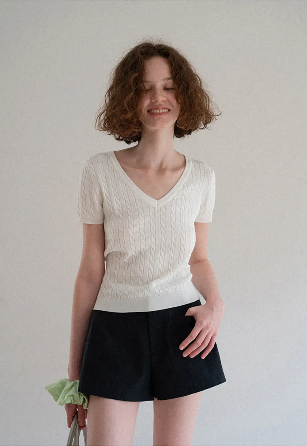 V Neck Cable Knit Short Sleeve Sweater