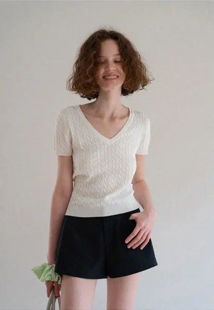 V Neck Cable Knit Short Sleeve Sweater