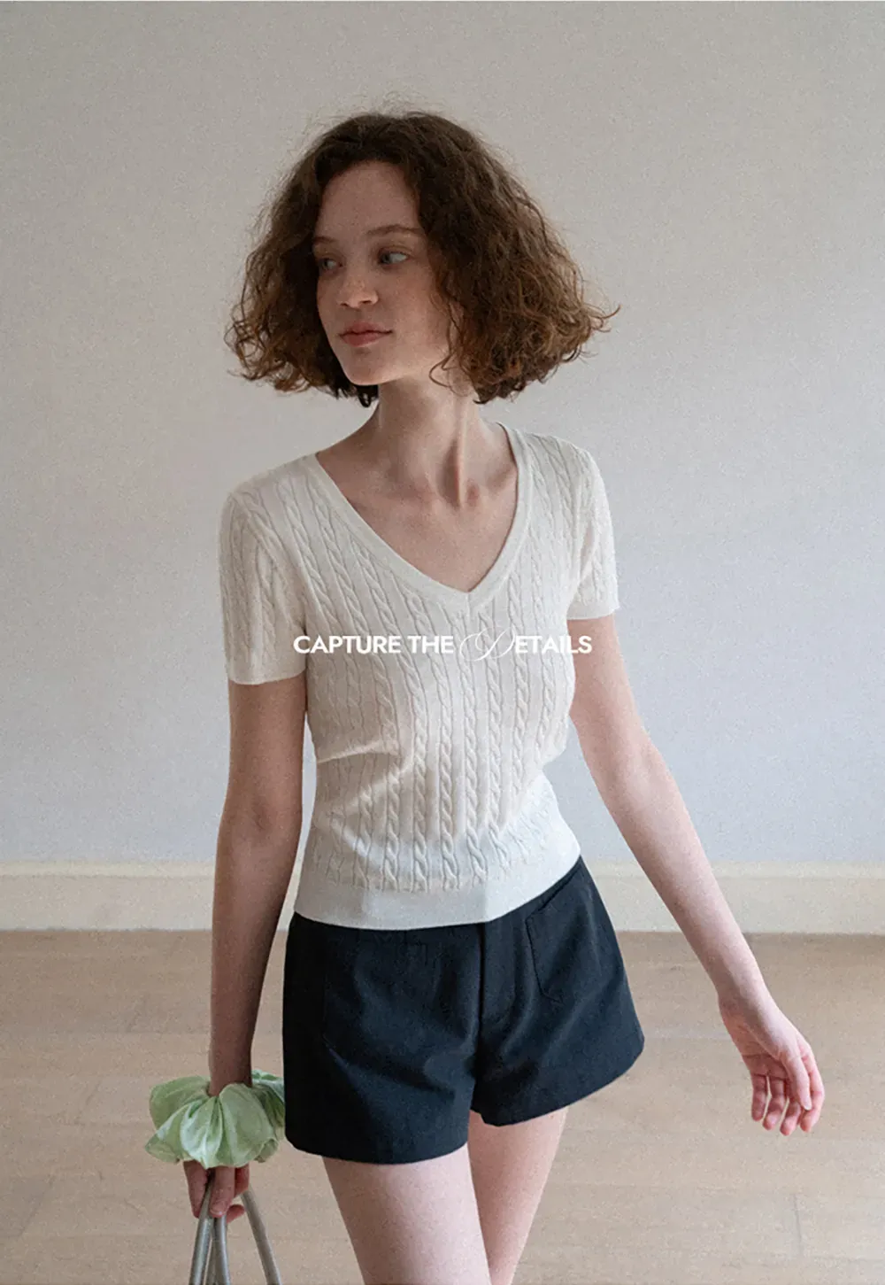 V Neck Cable Knit Short Sleeve Sweater