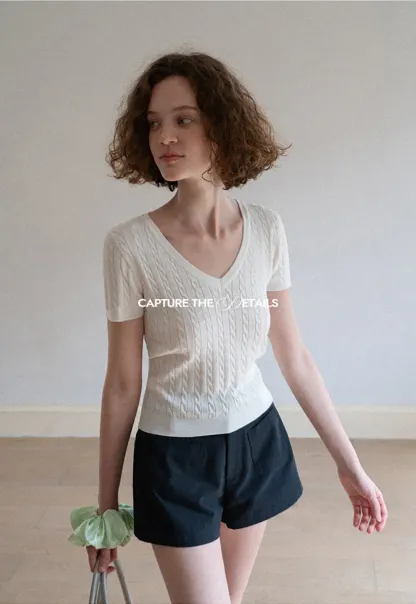 V Neck Cable Knit Short Sleeve Sweater