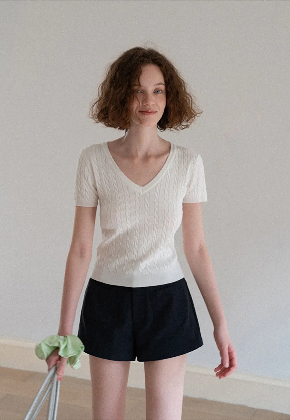 V Neck Cable Knit Short Sleeve Sweater