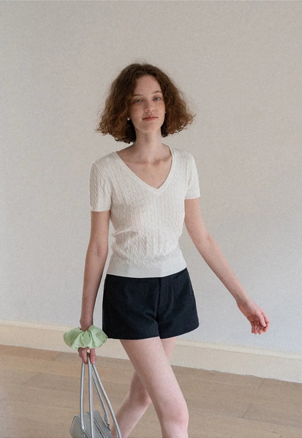 V Neck Cable Knit Short Sleeve Sweater