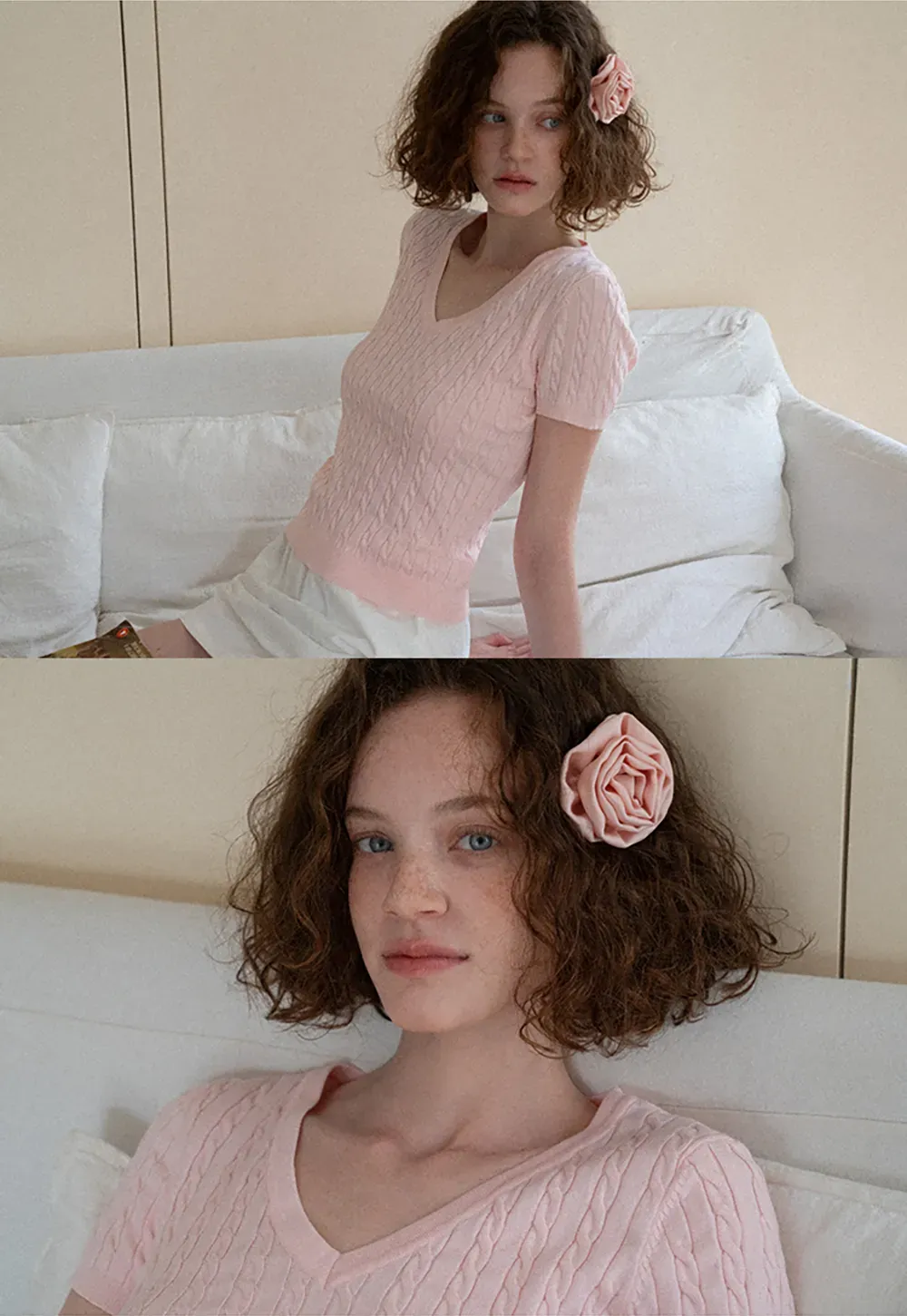 V Neck Cable Knit Short Sleeve Sweater