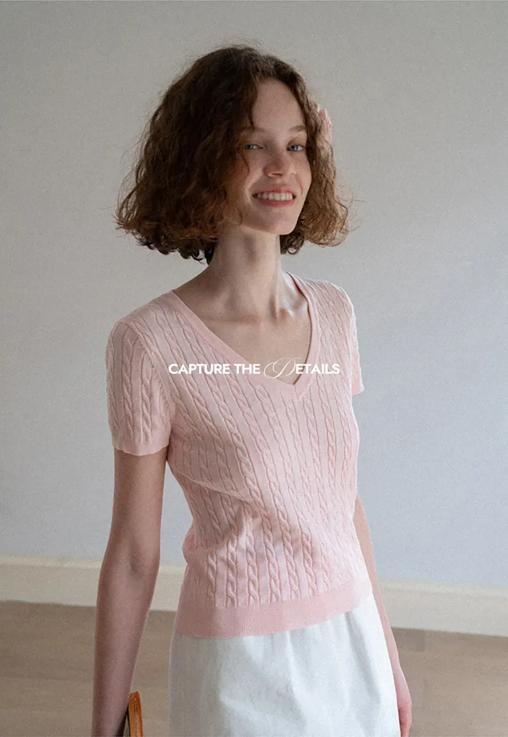 V Neck Cable Knit Short Sleeve Sweater