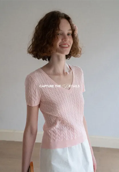 V Neck Cable Knit Short Sleeve Sweater