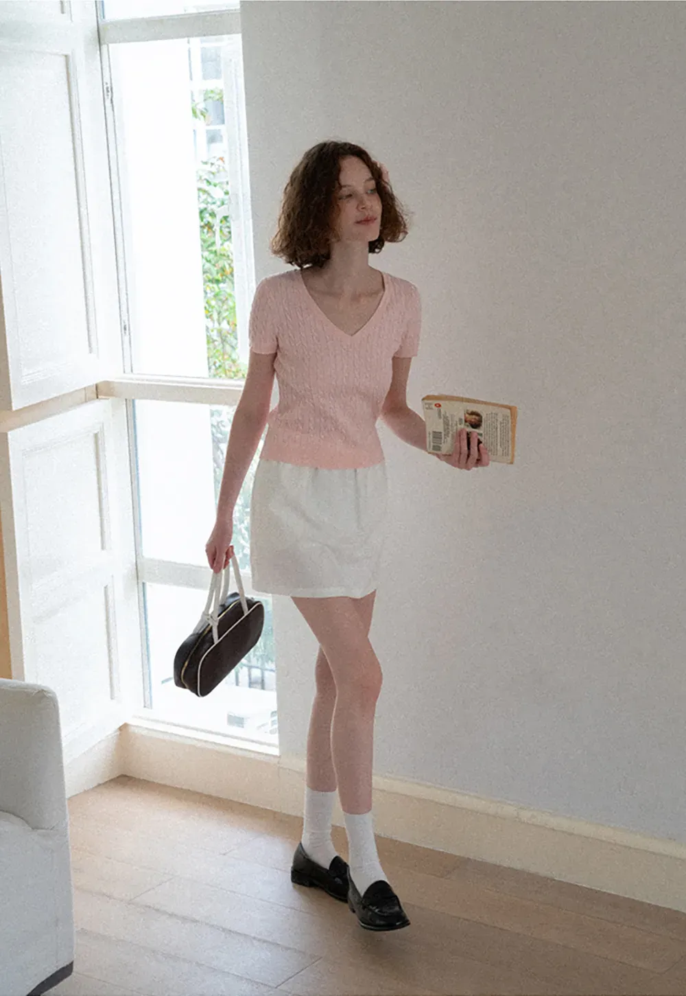 V Neck Cable Knit Short Sleeve Sweater