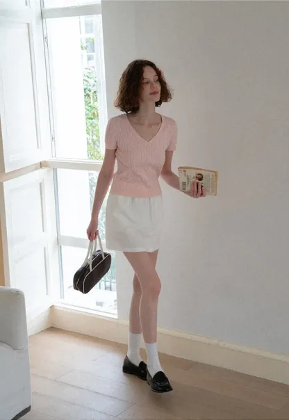 V Neck Cable Knit Short Sleeve Sweater