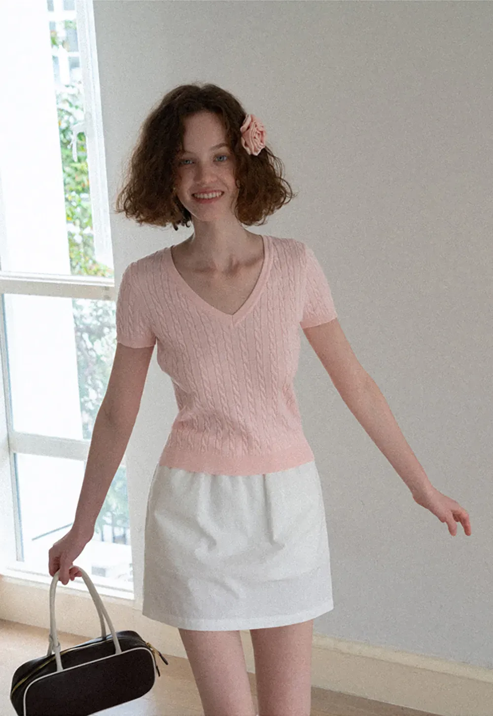 V Neck Cable Knit Short Sleeve Sweater