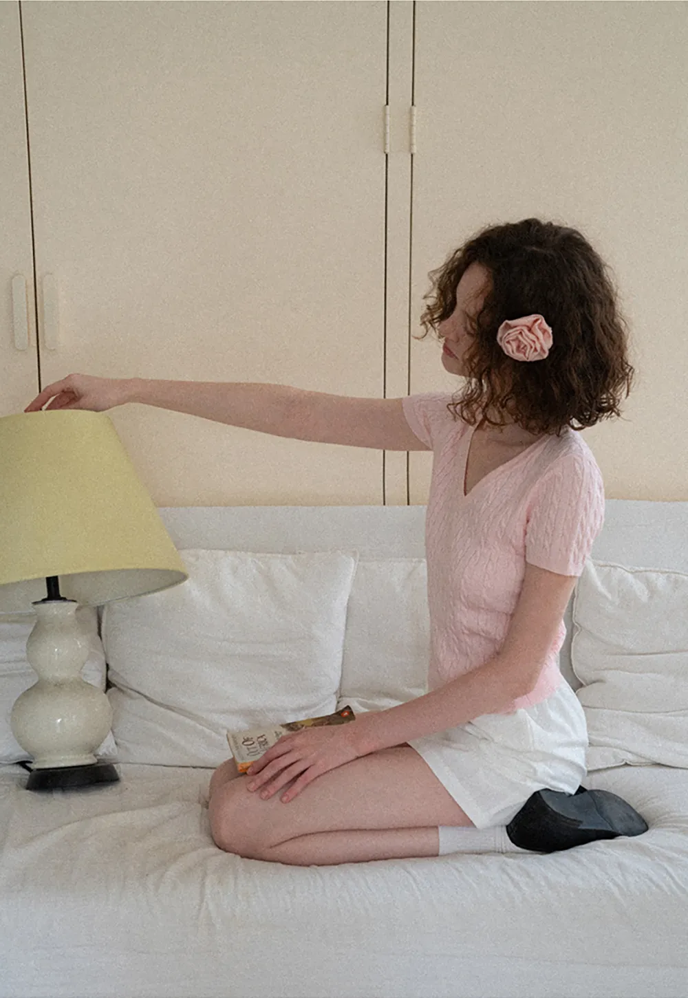 V Neck Cable Knit Short Sleeve Sweater