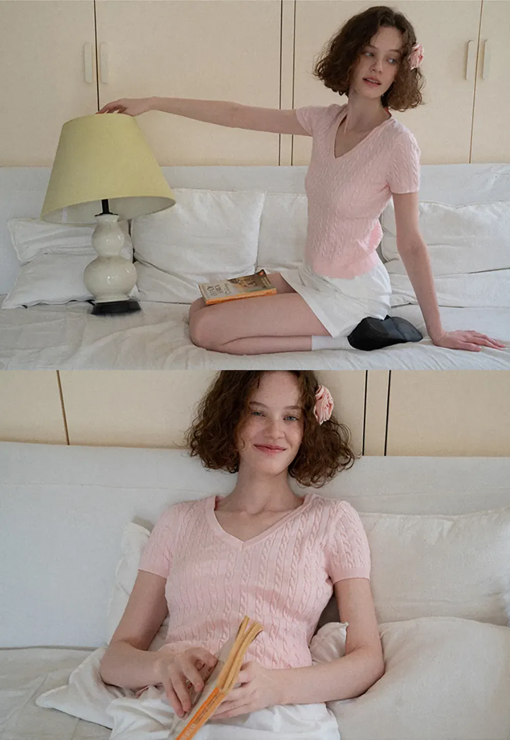 V Neck Cable Knit Short Sleeve Sweater