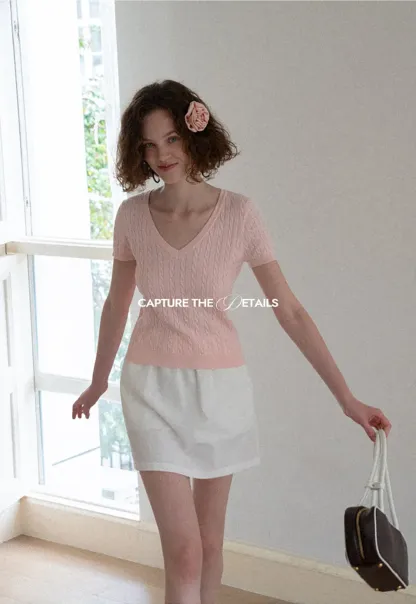 V Neck Cable Knit Short Sleeve Sweater