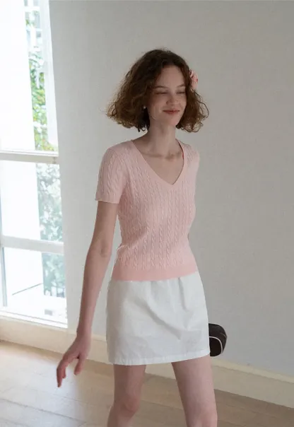 V Neck Cable Knit Short Sleeve Sweater