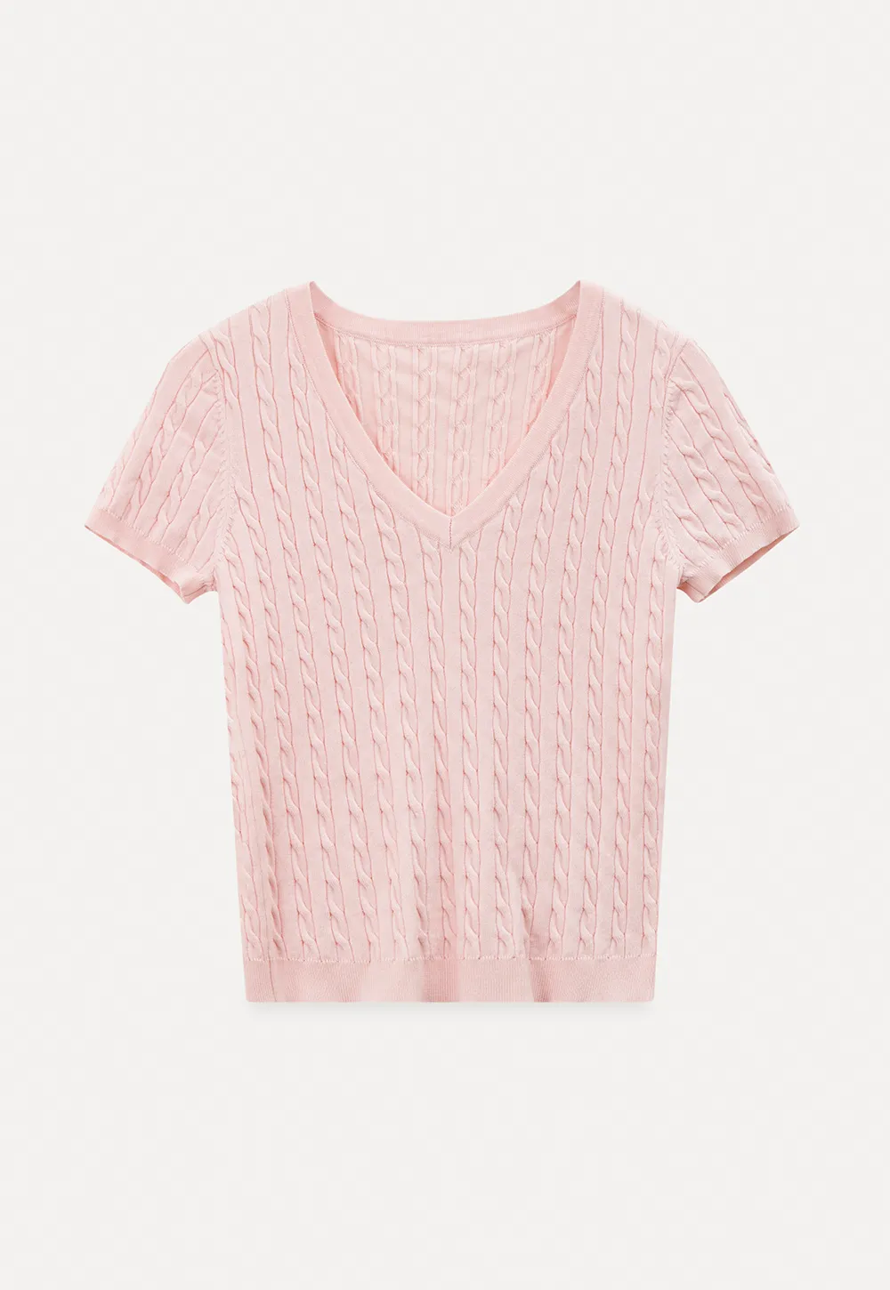 V Neck Cable Knit Short Sleeve Sweater