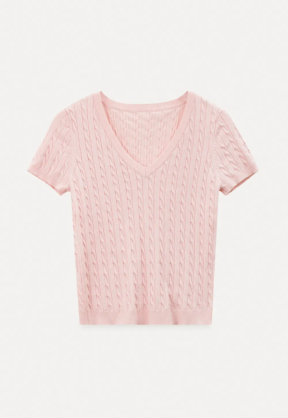 V Neck Cable Knit Short Sleeve Sweater