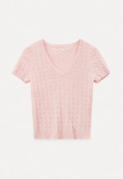 V Neck Cable Knit Short Sleeve Sweater