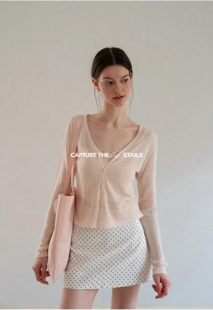 V Neck Button Front Knit Cardigan with Tank Top