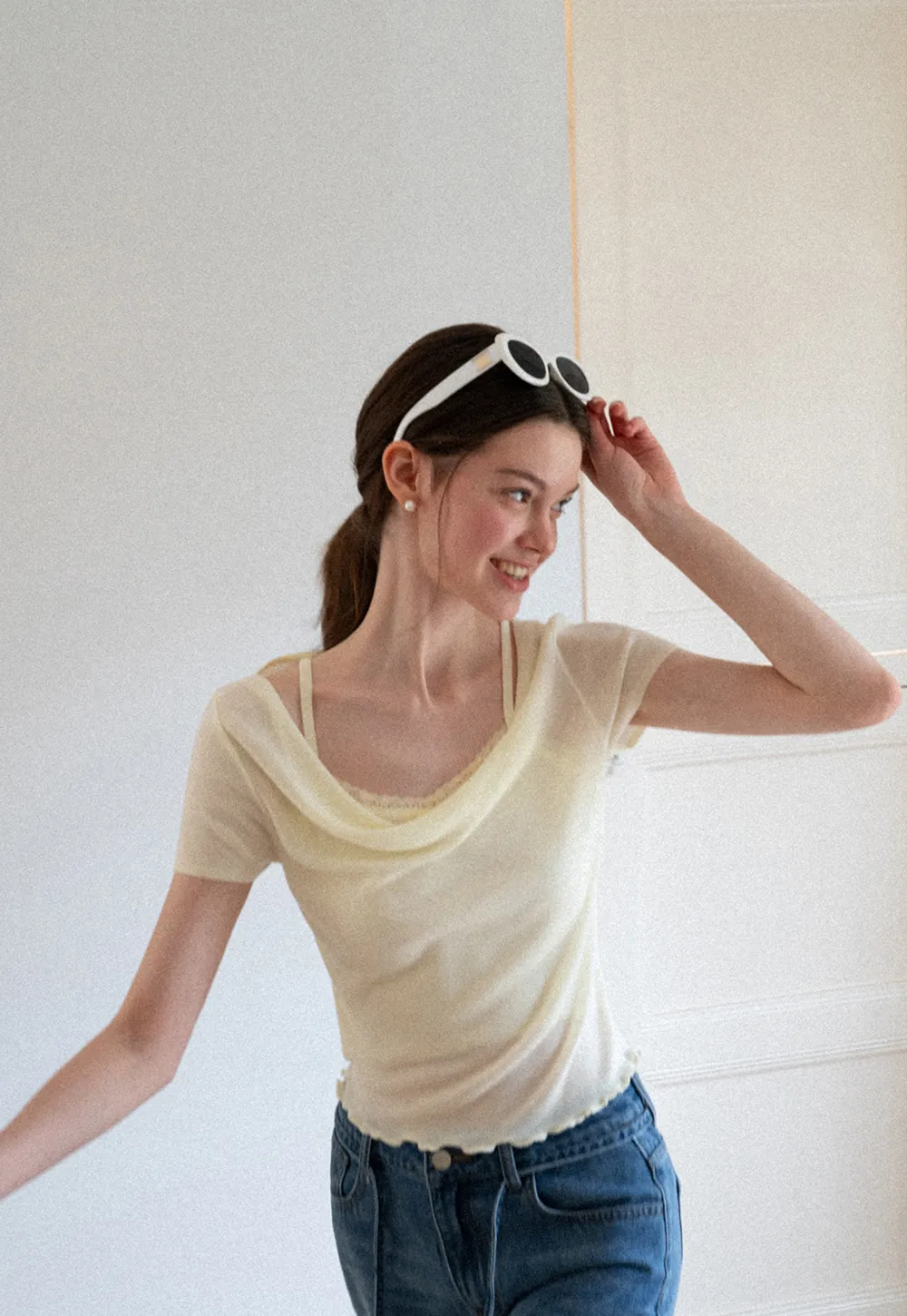 Cowl Neck Short Sleeve Woolen Knit Sweater