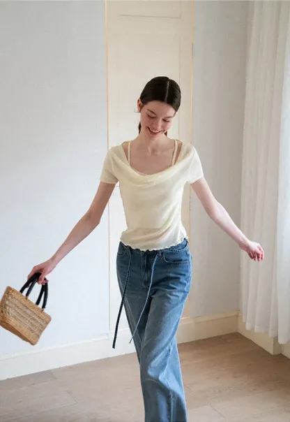 Cowl Neck Short Sleeve Woolen Knit Sweater