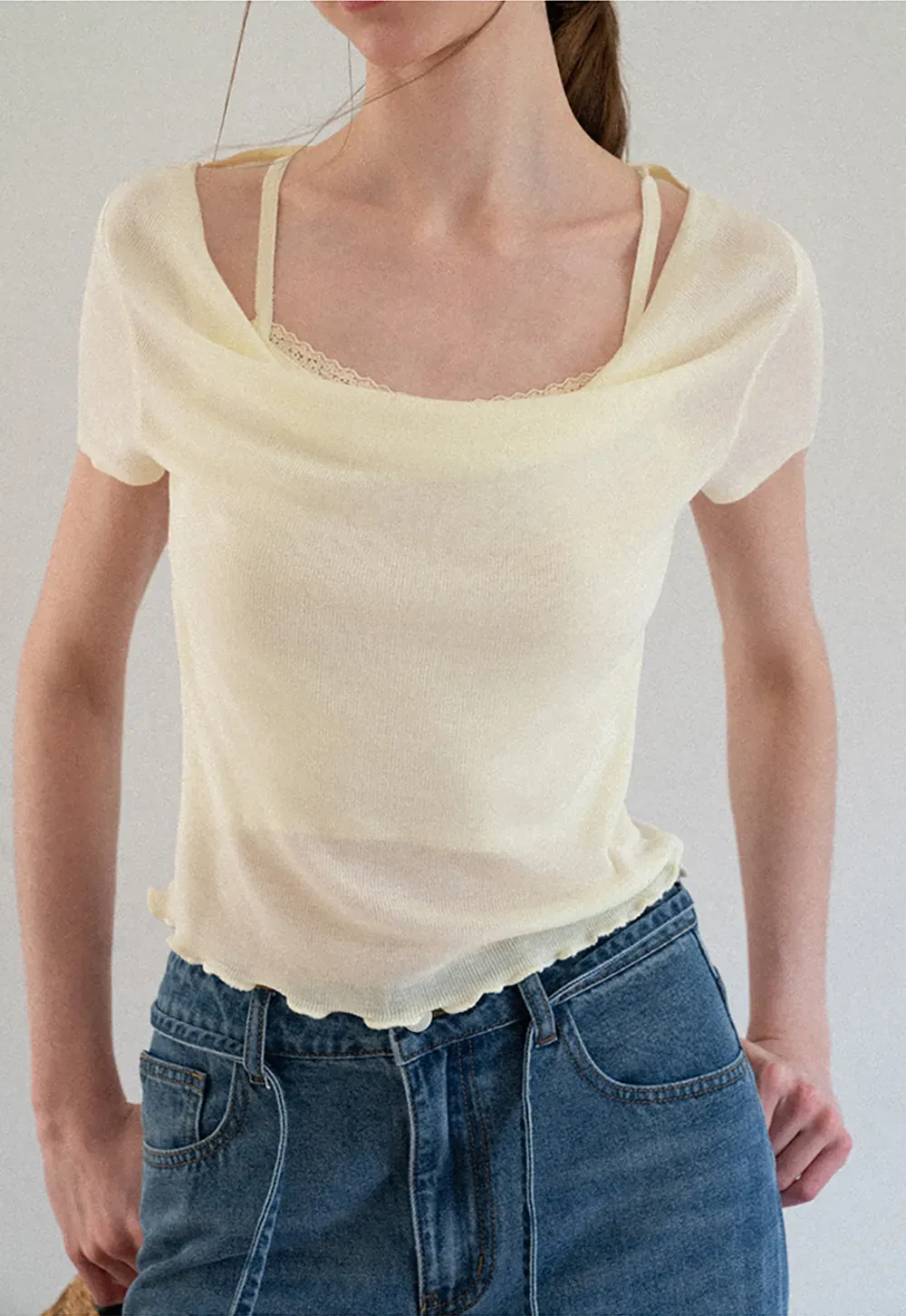 Cowl Neck Short Sleeve Woolen Knit Sweater