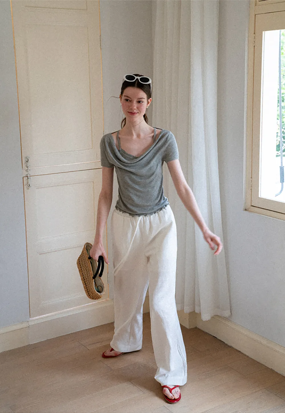 Cowl Neck Short Sleeve Woolen Knit Sweater