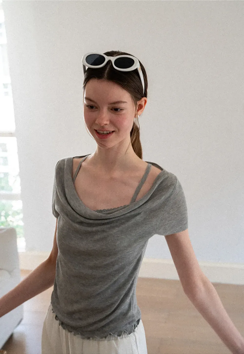 Cowl Neck Short Sleeve Woolen Knit Sweater