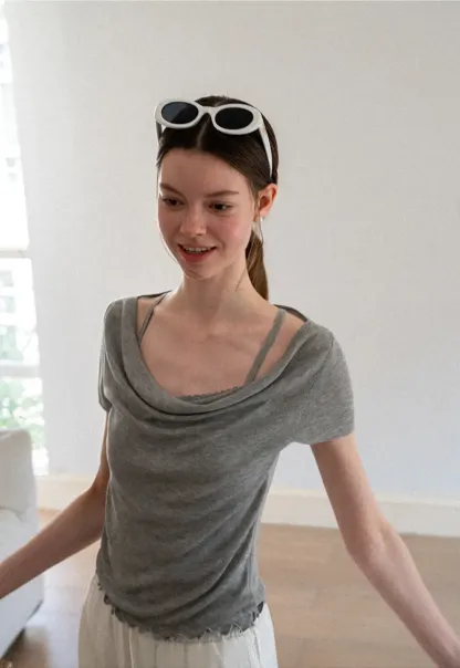 Cowl Neck Short Sleeve Woolen Knit Sweater