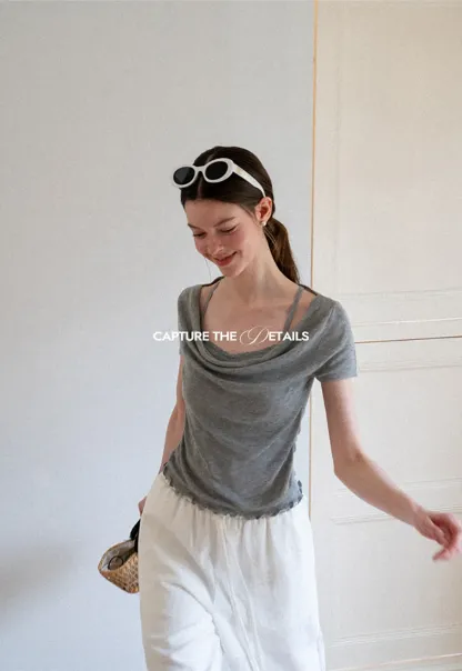 Cowl Neck Short Sleeve Woolen Knit Sweater