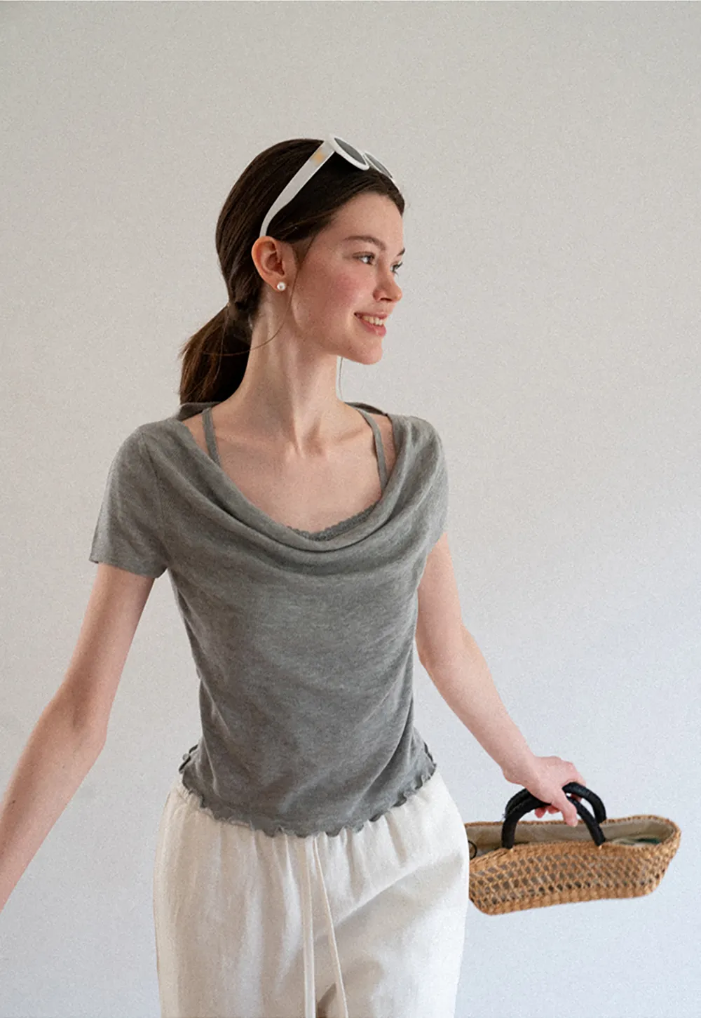 Cowl Neck Short Sleeve Woolen Knit Sweater