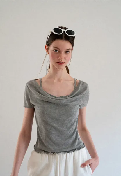 Cowl Neck Short Sleeve Woolen Knit Sweater