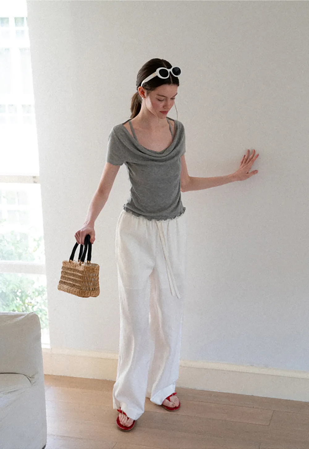 Cowl Neck Short Sleeve Woolen Knit Sweater