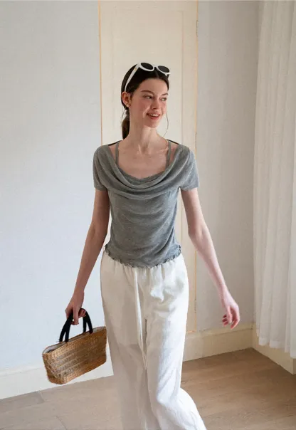 Cowl Neck Short Sleeve Woolen Knit Sweater