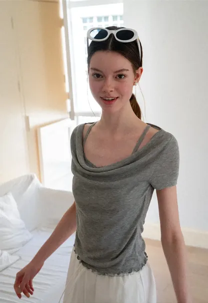 Cowl Neck Short Sleeve Woolen Knit Sweater