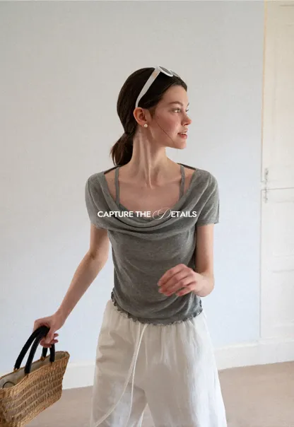 Cowl Neck Short Sleeve Woolen Knit Sweater